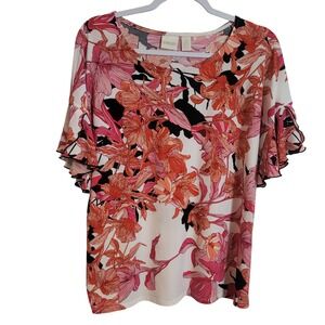 Chico's Women Size 2 Large Floral Scoop Neck Ruffle Sleeve Blouse Pink Orange